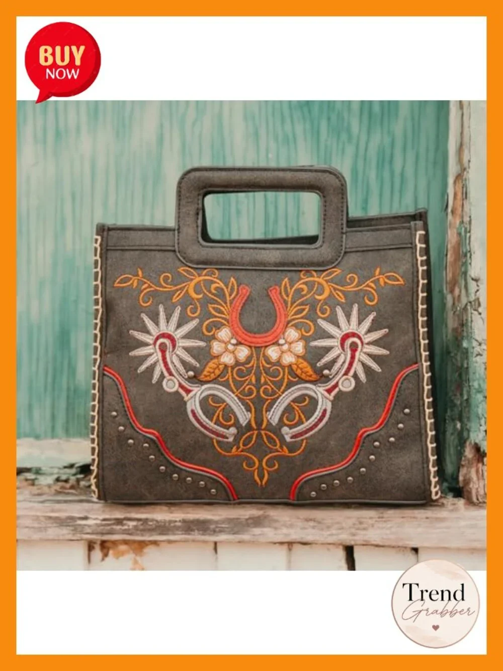 Western Embroidery Crossbody Bag with Top Handle, Vegan Leather